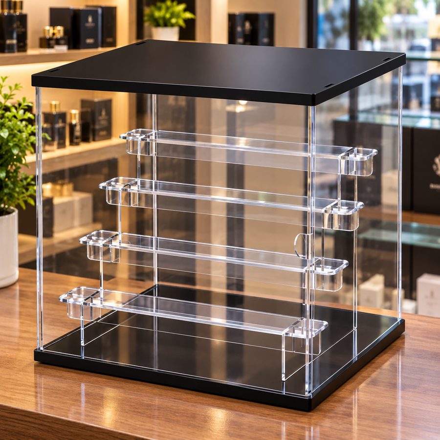 Empty 4 tier acrylic display box with black top and base on a wooden counter