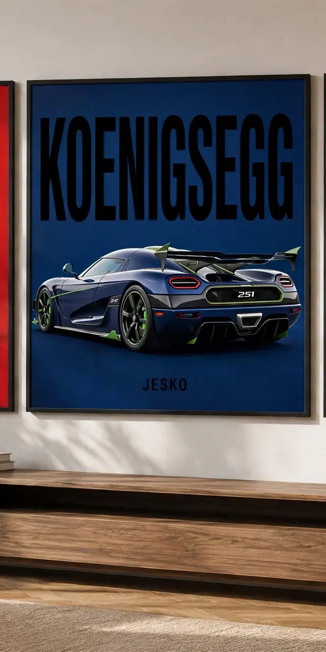 Koenigsegg Jesko acrylic wall art poster in navy blue with green accents, hanging in a living room