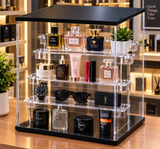Clear Acrylic Display Box with 4 Stepped Tiers, Black Top and Base