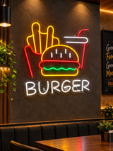 Custom Burger LED Neon Sign – Burger, Fries & Drink Neon Light for Restaurants & Fast Food Shops