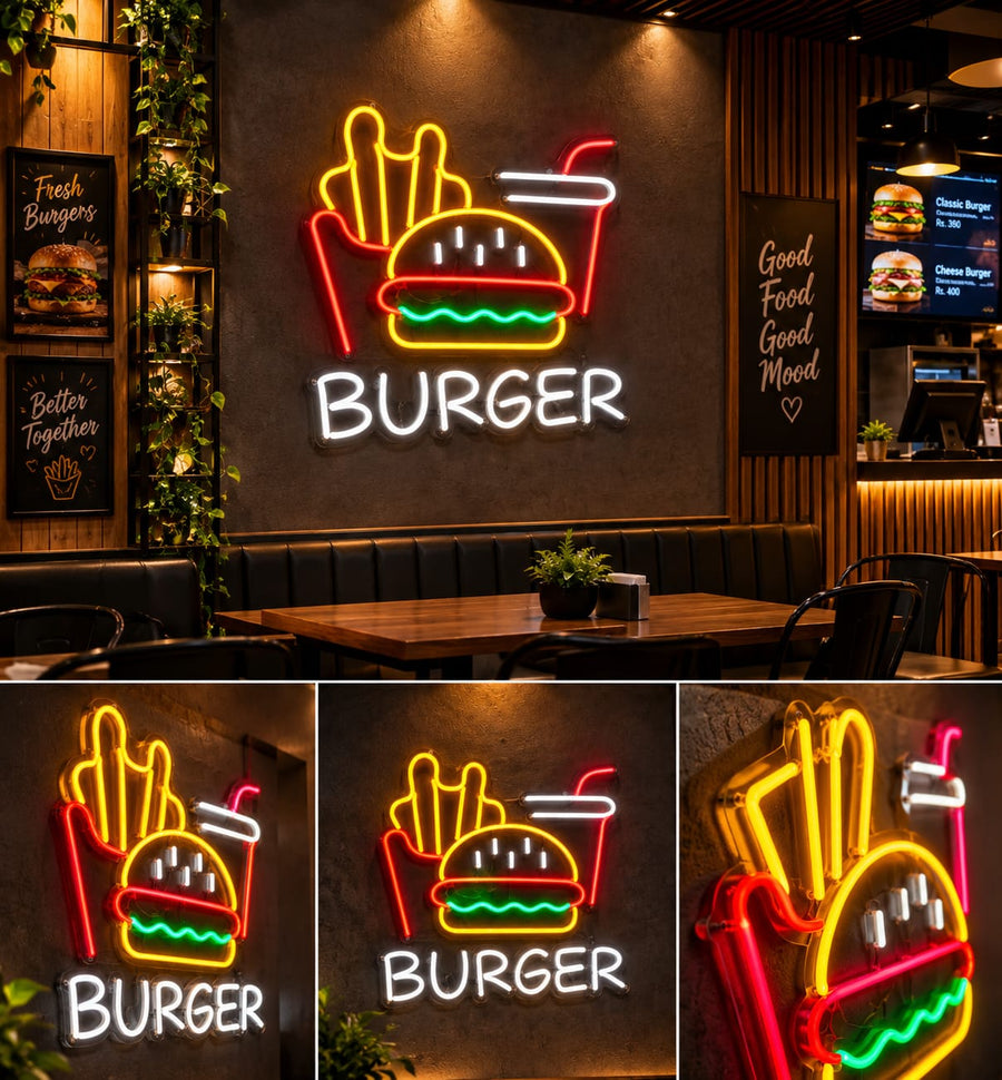 Custom Burger LED Neon Sign – Burger, Fries & Drink Neon Light for Restaurants & Fast Food Shops