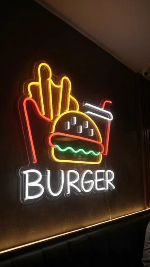 Custom Burger LED Neon Sign – Burger, Fries & Drink Neon Light for Restaurants & Fast Food Shops