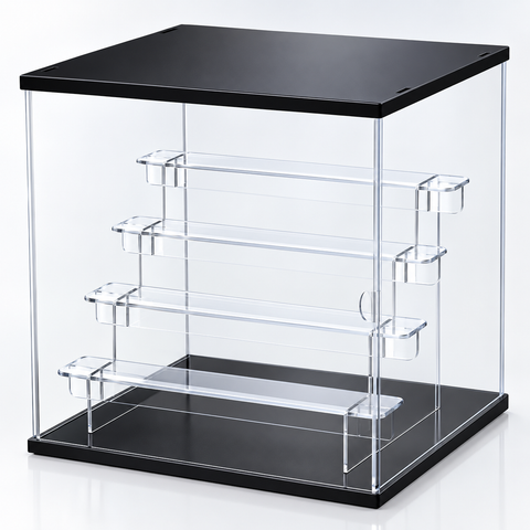 Clear Acrylic Display Box with 4 Stepped Tiers, Black Top and Base