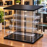 Clear Acrylic Display Box with 4 Stepped Tiers, Black Top and Base