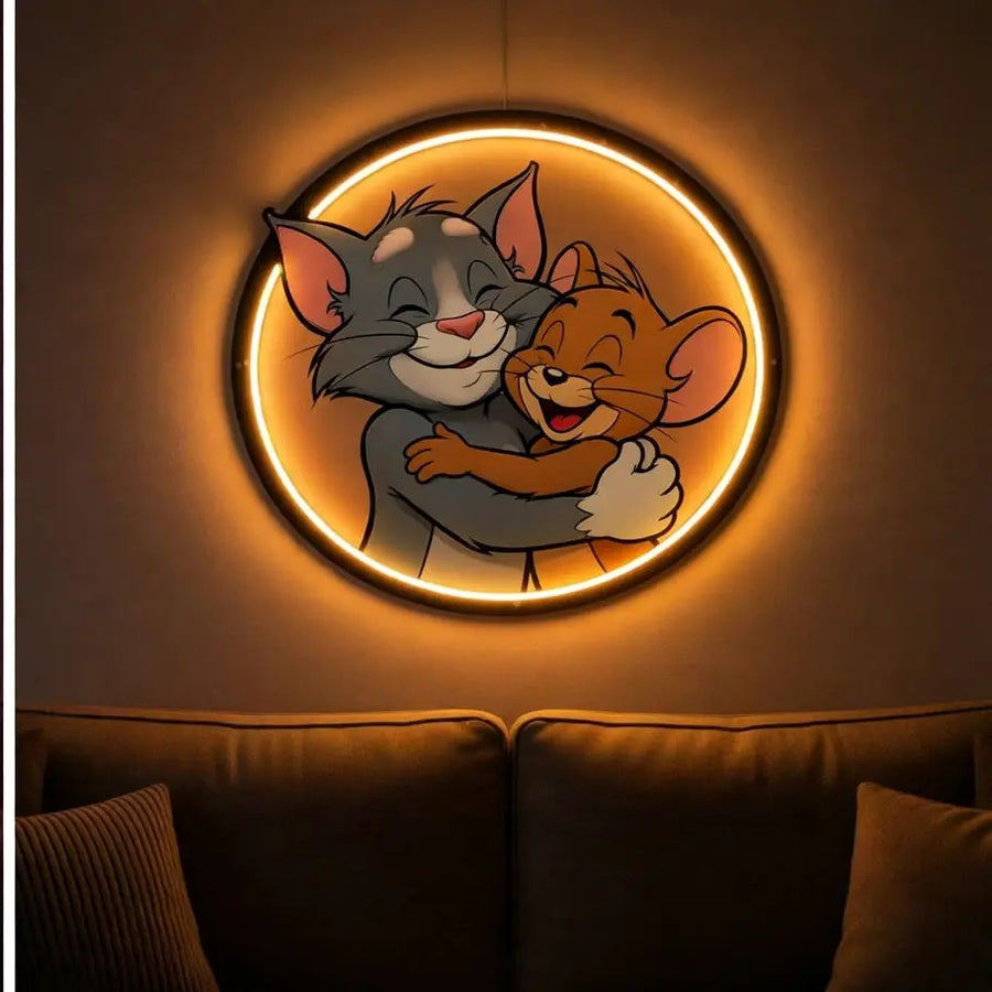Cartoon cat and mouse hugging UV neon sign with warm amber LED glow